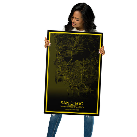 San Diego Black and Yellow Metal Map