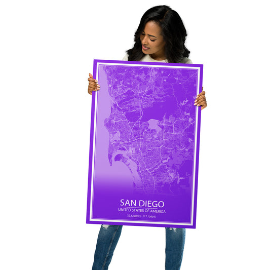 San Diego Purple and White Metal Map