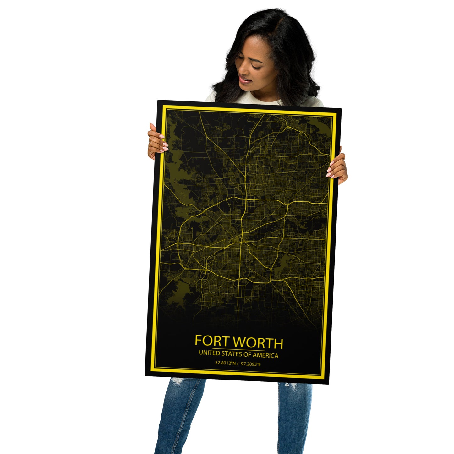 Fort Worth Black and Yellow Metal Map