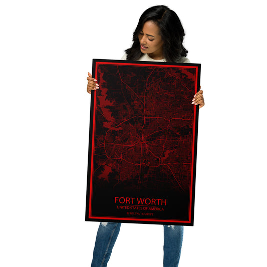 Fort Worth Black and Red Metal Map