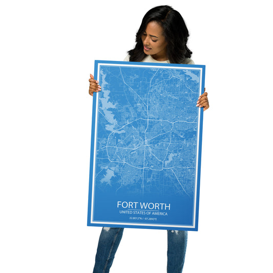 Fort Worth Blue and White Metal Map