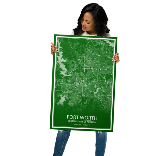 Fort Worth Green and White Metal Map