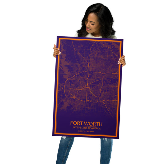 Fort Worth Purple and Orange Metal Map