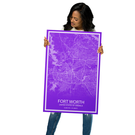 Fort Worth Purple and White Metal Map