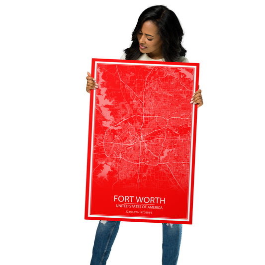 Fort Worth Red and White Metal Map