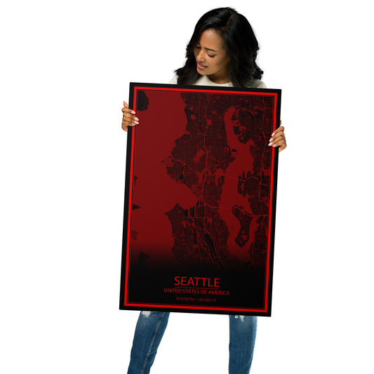 Seattle Black and Red Metal Map