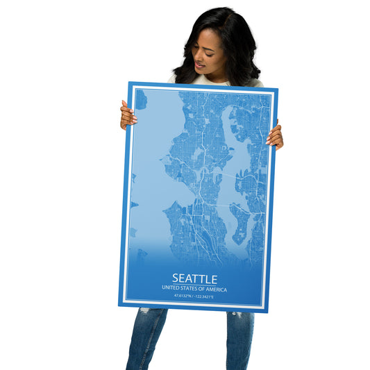 Seattle Blue and White Metal Map