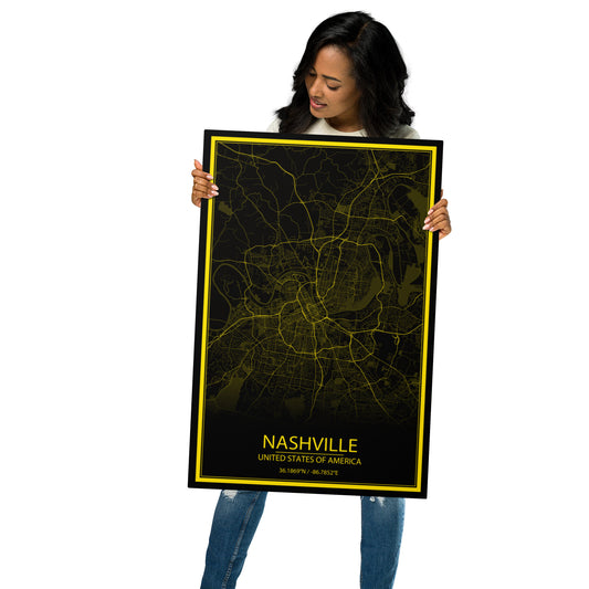 Nashville Black and Yellow Metal Map