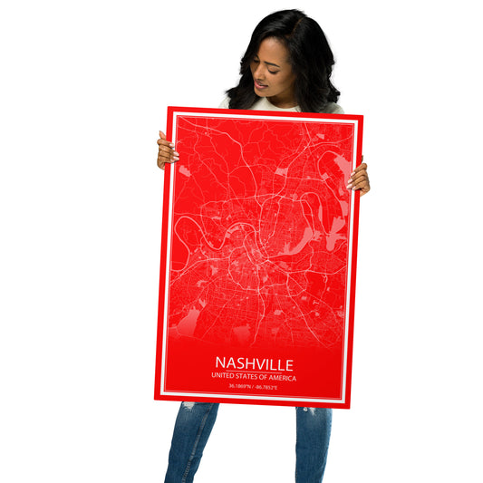 Nashville Red and White Metal Map