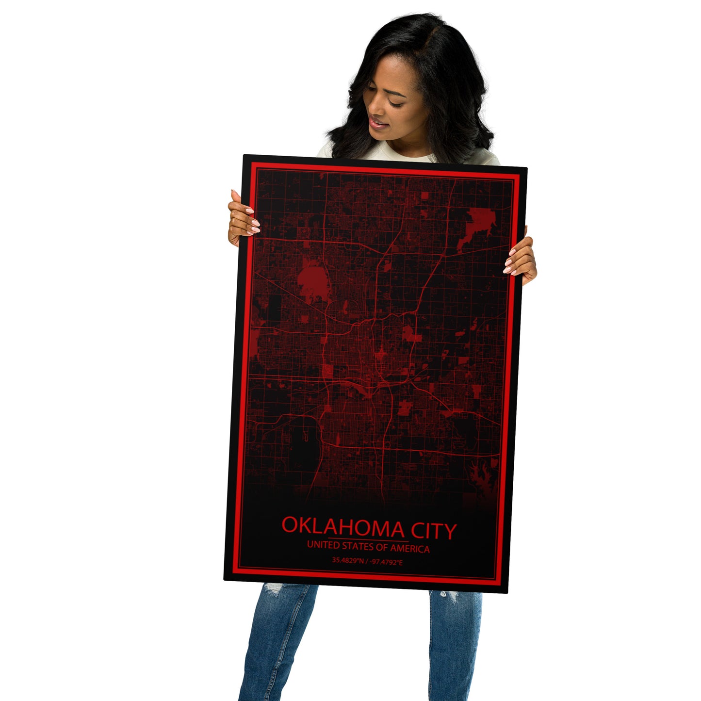 Oklahoma City Black and Red Metal Map