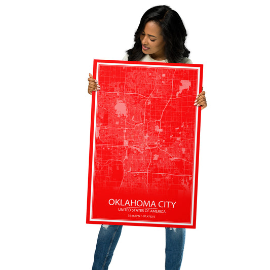 Oklahoma City Red and White Metal Map