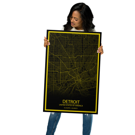 Detroit Black and Yellow Metal Map