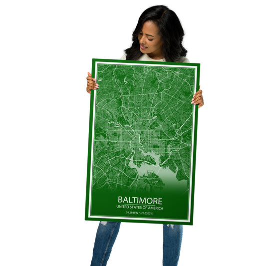 Baltimore Green and White Metal Map