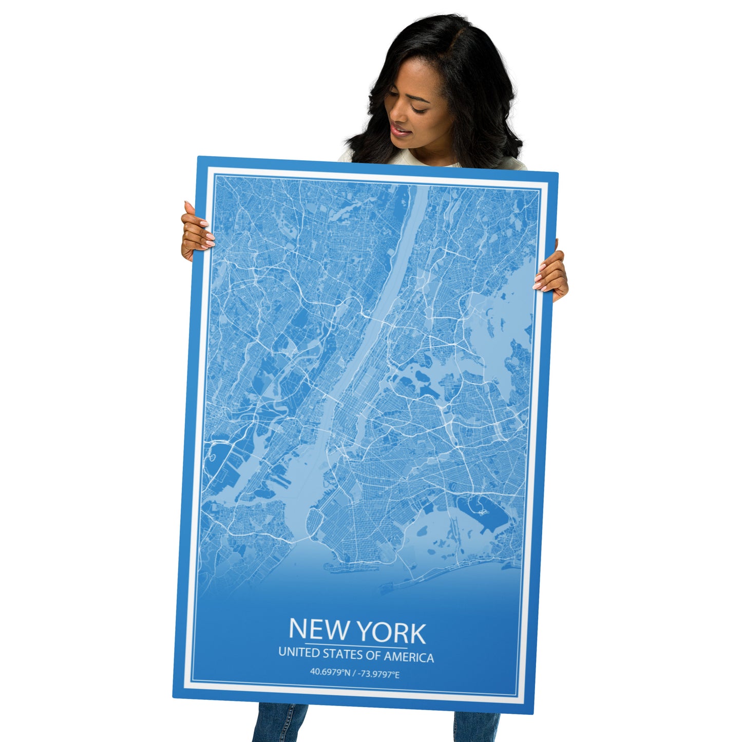 New York Blue and White Metal Map