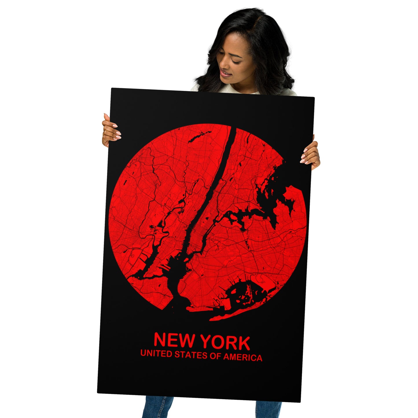 New York Circular Red Metal Map