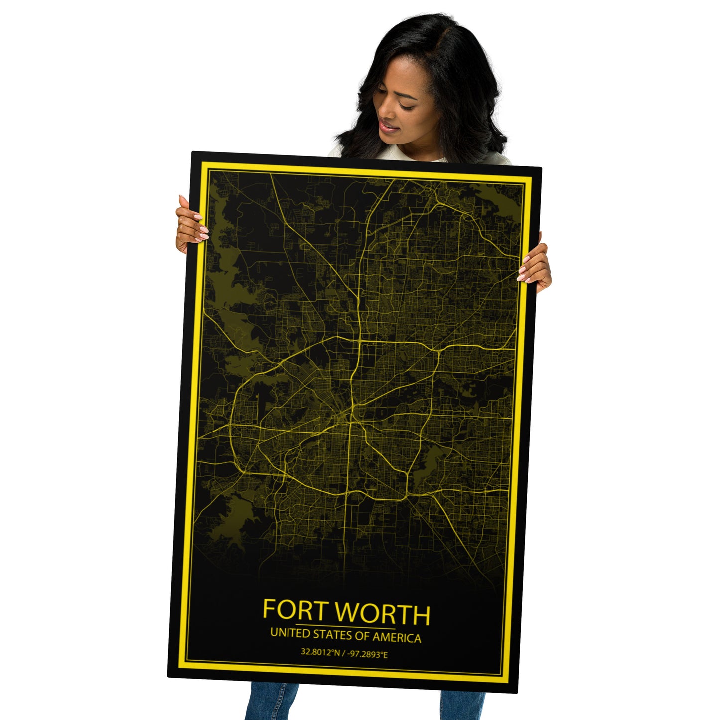 Fort Worth Black and Yellow Metal Map