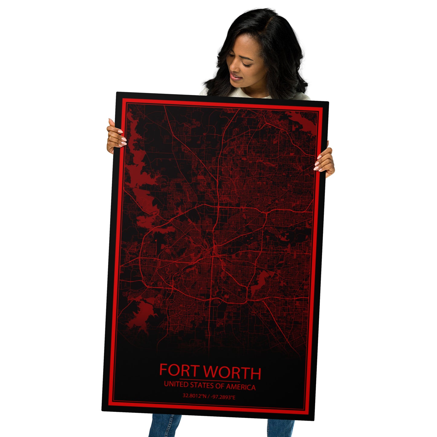 Fort Worth Black and Red Metal Map