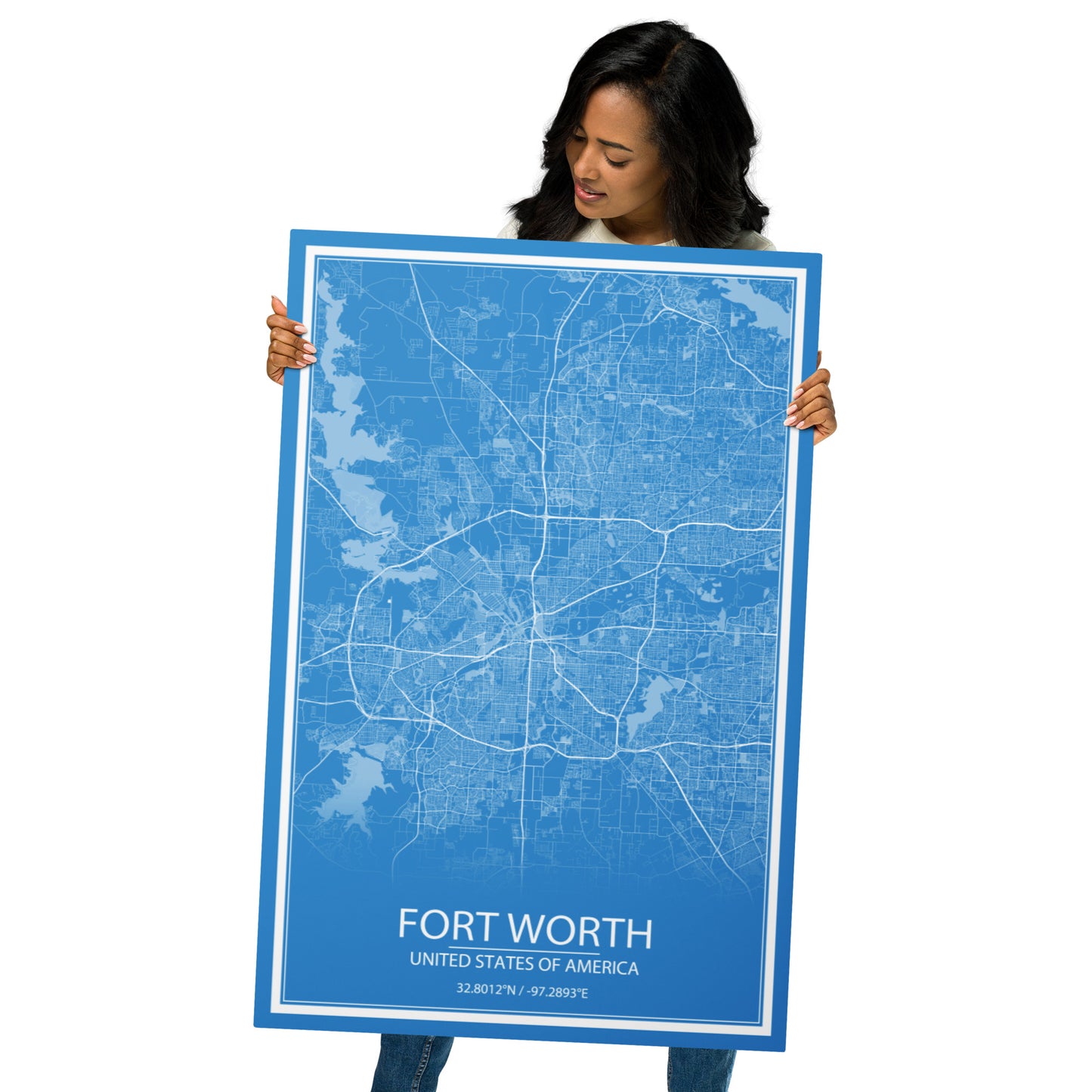 Fort Worth Blue and White Metal Map