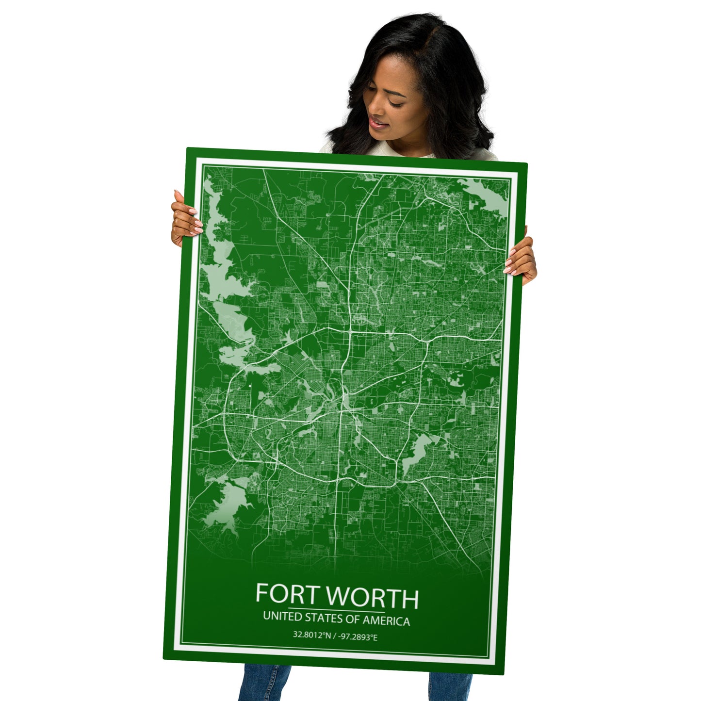 Fort Worth Green and White Metal Map