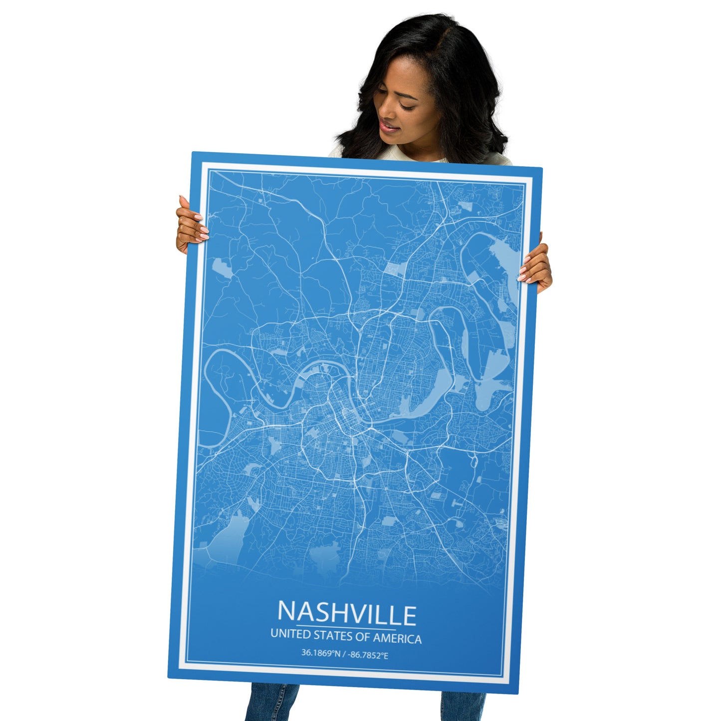 Nashville Blue and White Metal Map