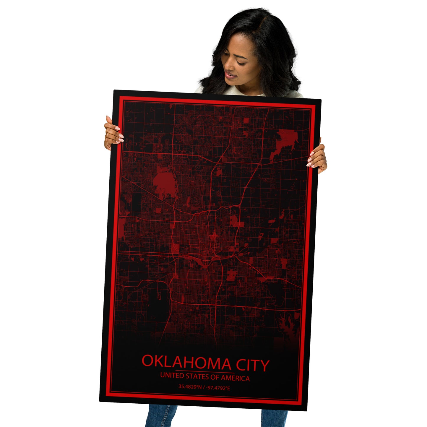 Oklahoma City Black and Red Metal Map