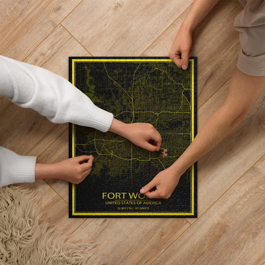 Fort Worth Black and Yellow Map Jigsaw Puzzle