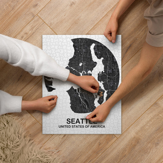 Seattle Circular Black Map Jigsaw Puzzle