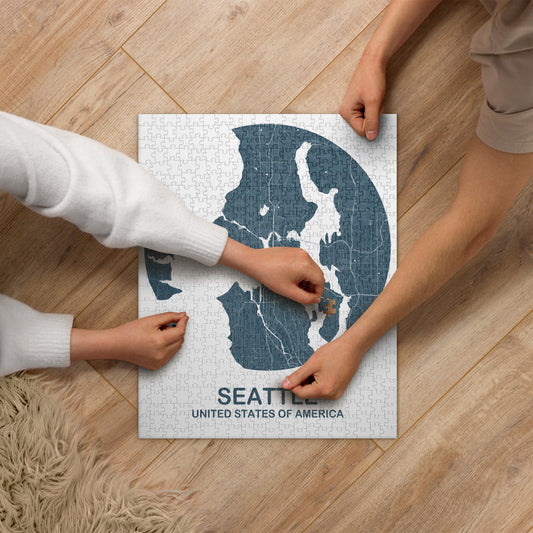 Seattle Circular Blue Map Jigsaw Puzzle