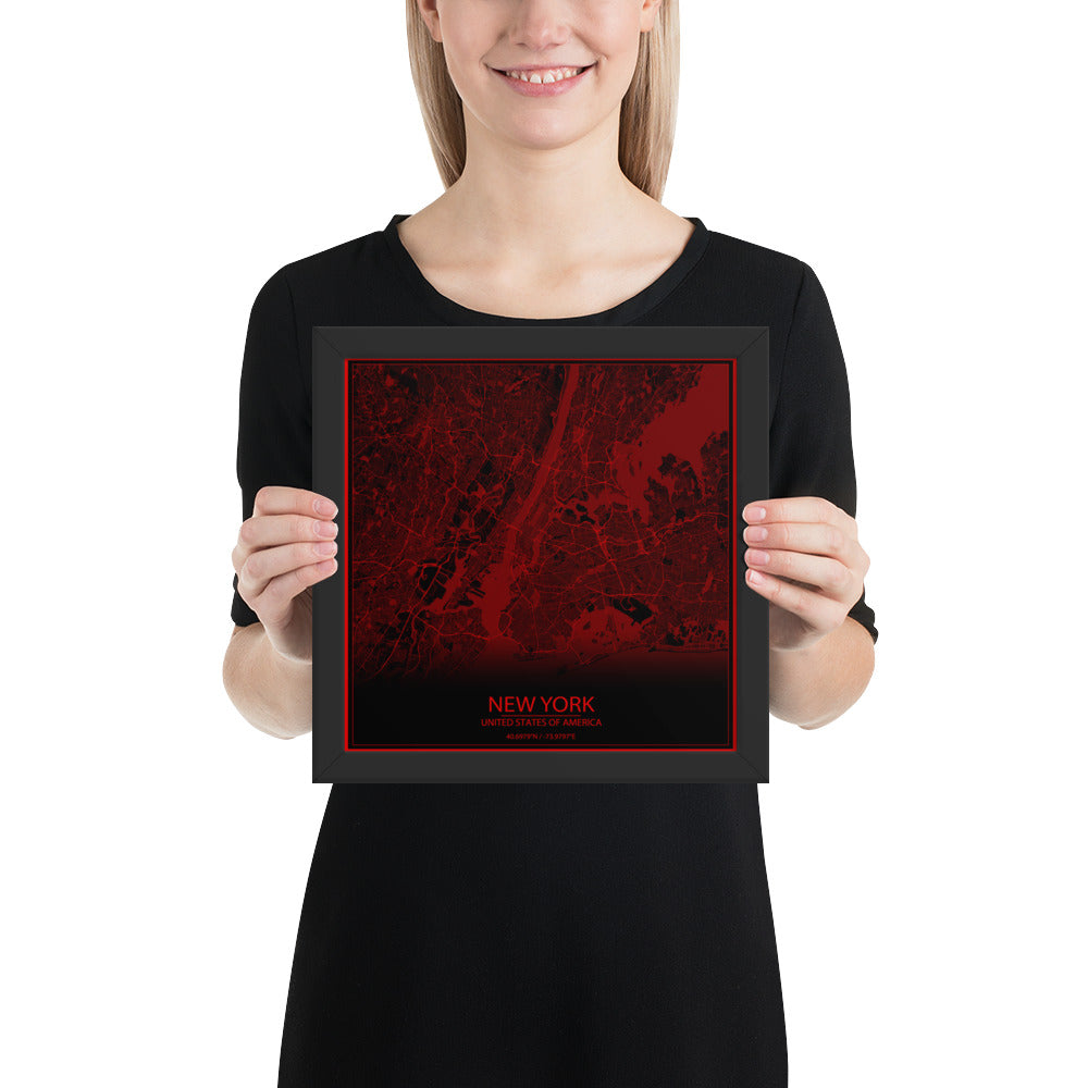 New York Black and Red Framed Map