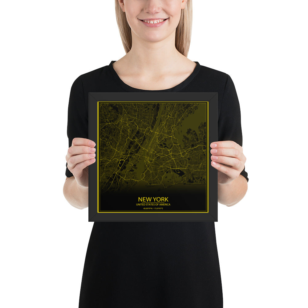 New York Black and Yellow Framed Map