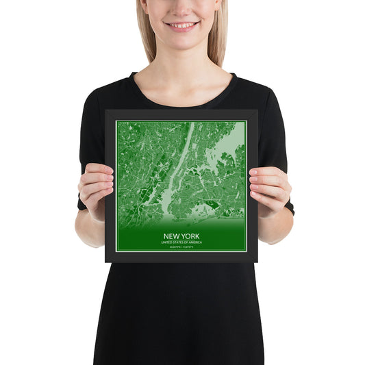 New York Green and White Framed Map