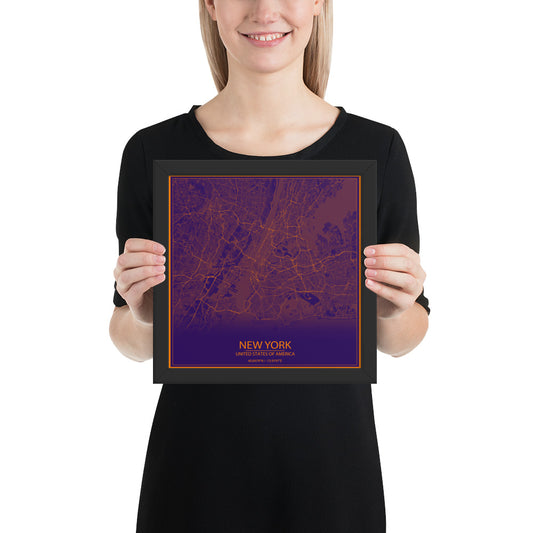 New York Purple and Orange Framed Map