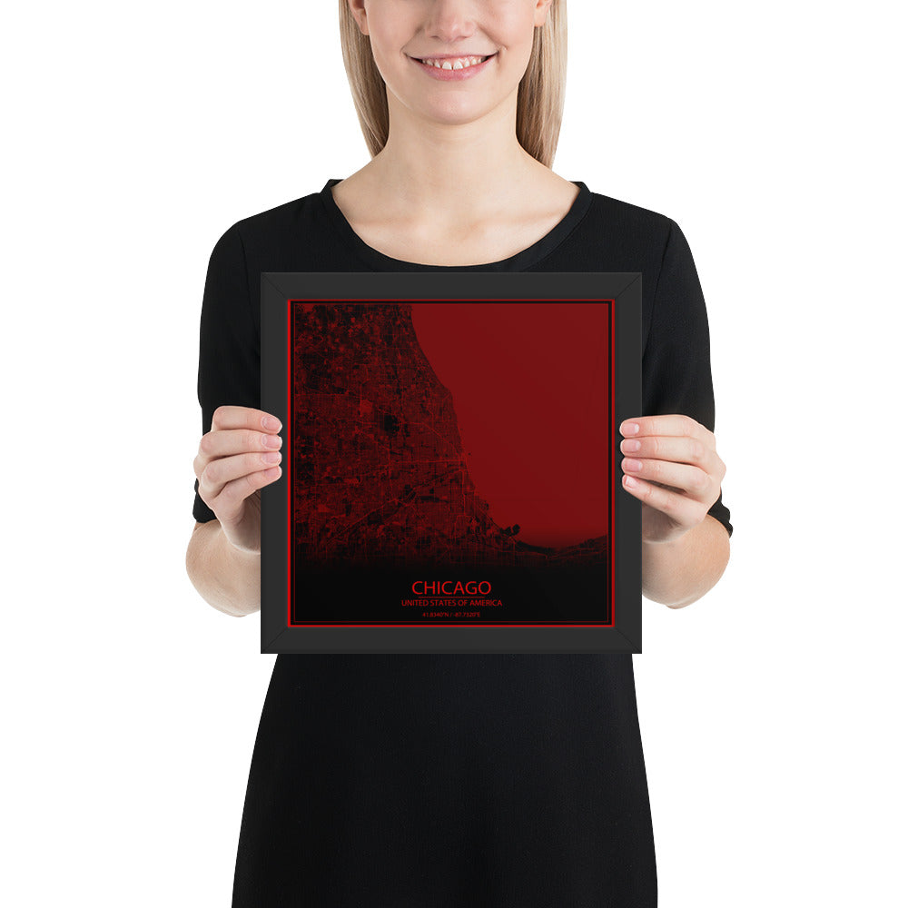 Chicago Black and Red Framed Map