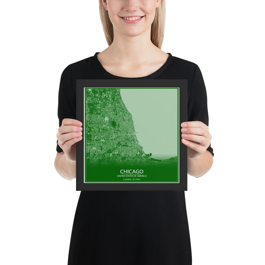 Chicago Green and White Framed Map