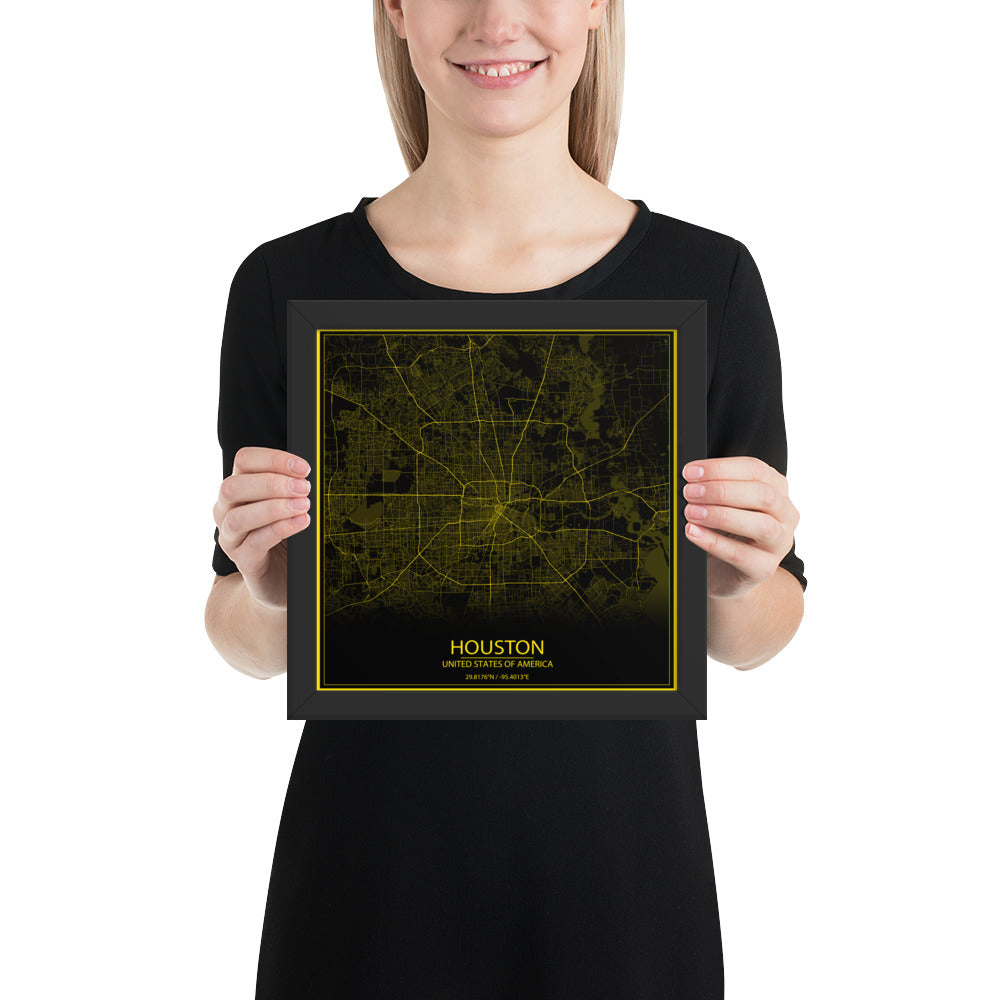 Houston Black and Yellow Framed Map