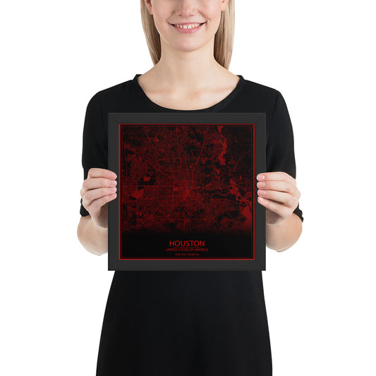 Houston Black and Red Framed Map