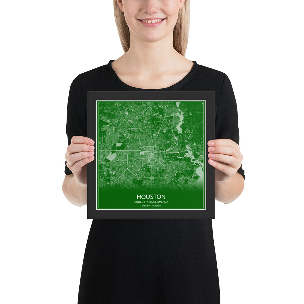 Houston Green and White Framed Map