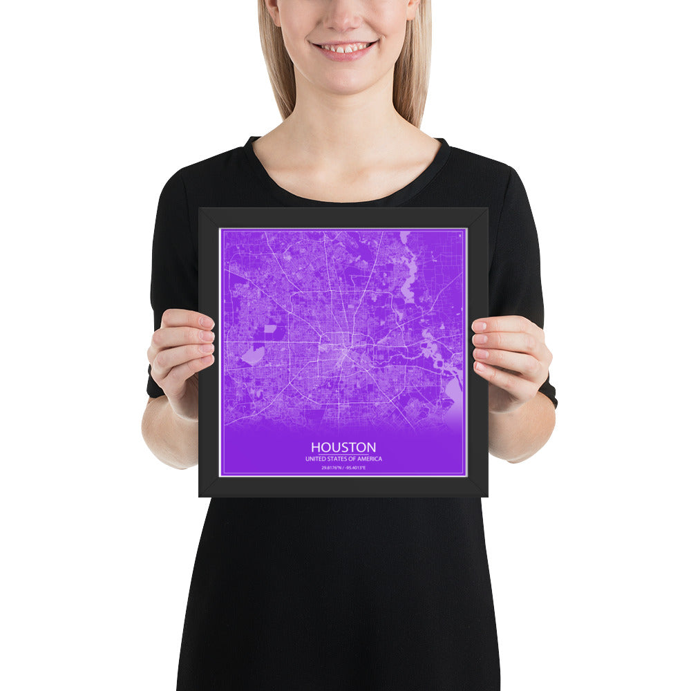 Houston Purple and White Framed Map