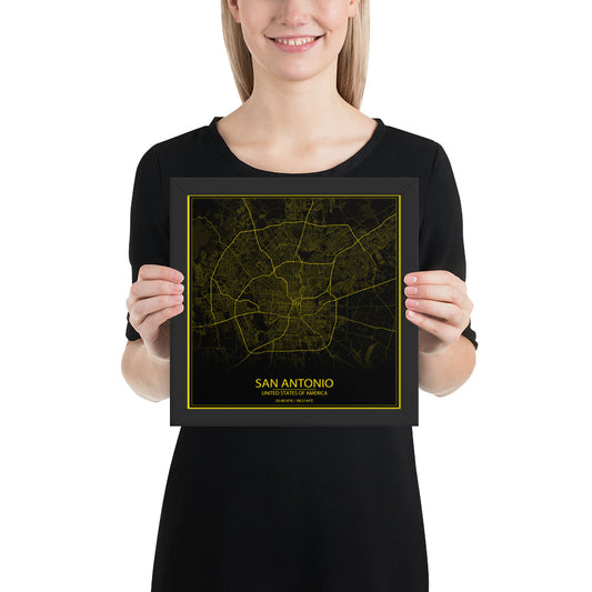 San Antonio Black and Yellow Framed Map