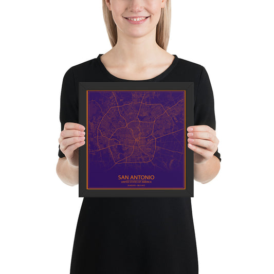 San Antonio Purple and Orange Framed Map