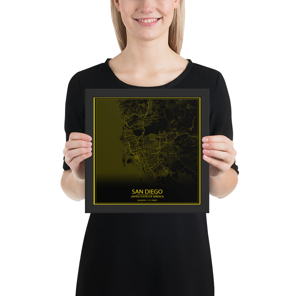 San Diego Black and Yellow Framed Map