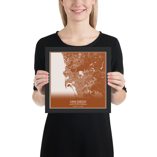 San Diego Brown and White Framed Map