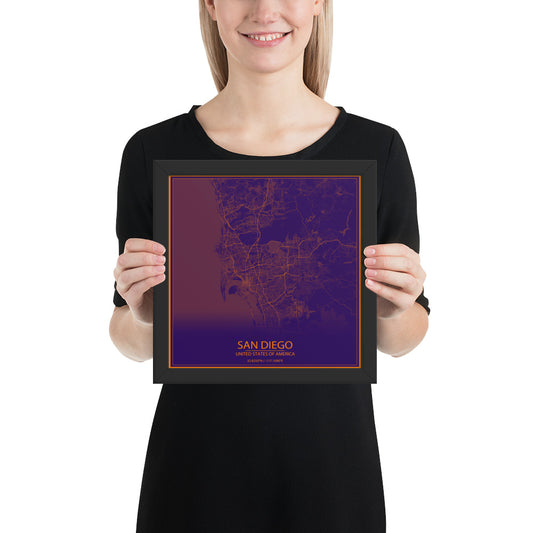 San Diego Purple and Orange Framed Map