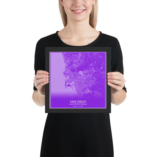 San Diego Purple and White Framed Map