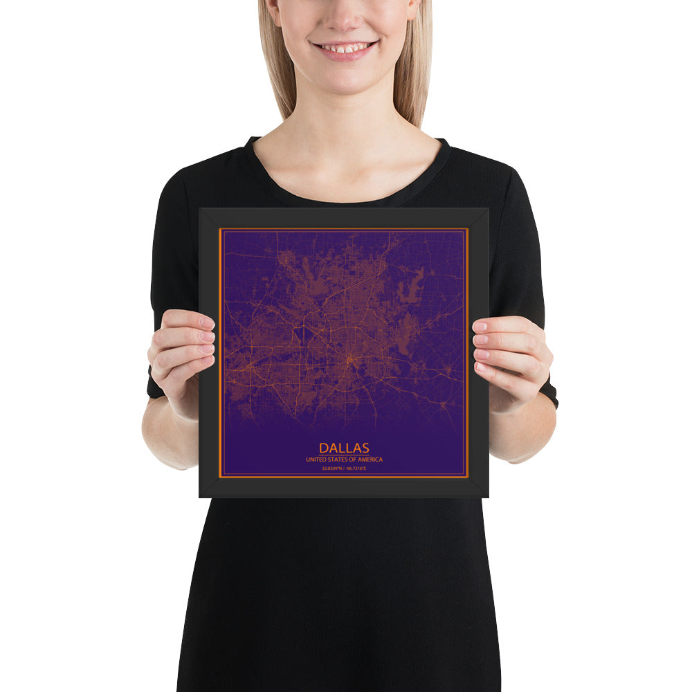 Dallas Purple and Orange Framed Map