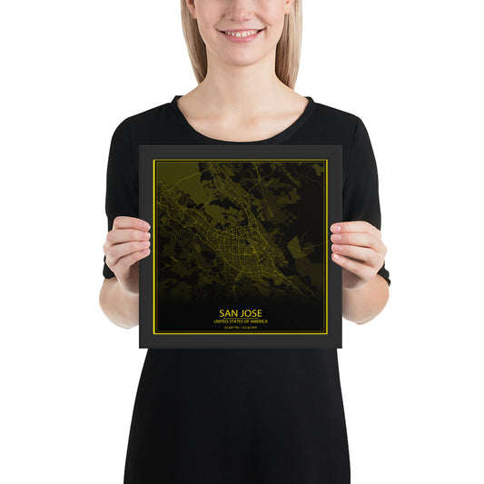 San Jose Black and Yellow Framed Map