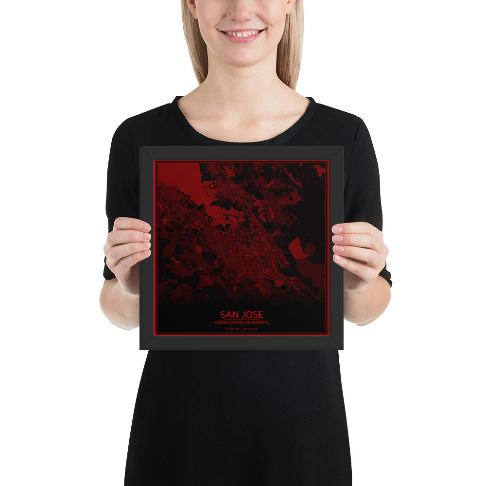 San Jose Black and Red Framed Map