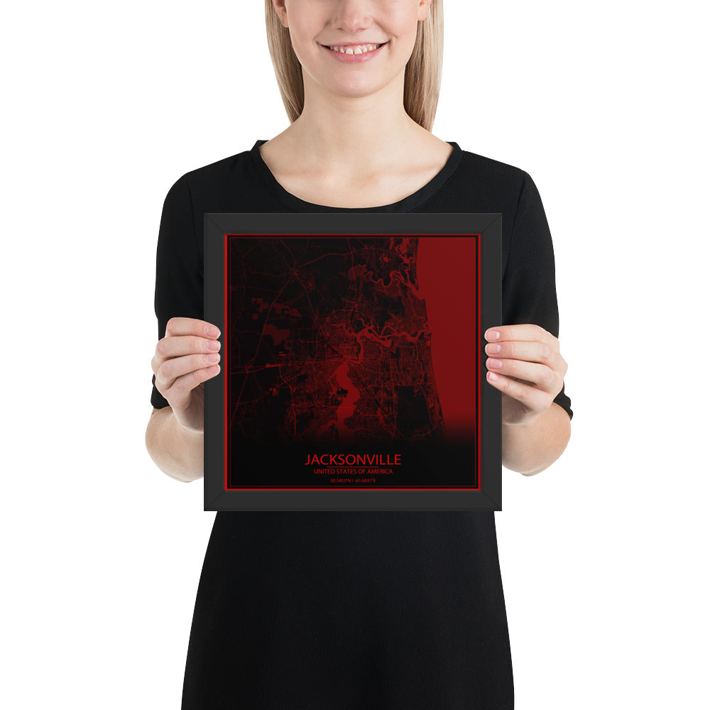 Jacksonville Black and Red Framed Map