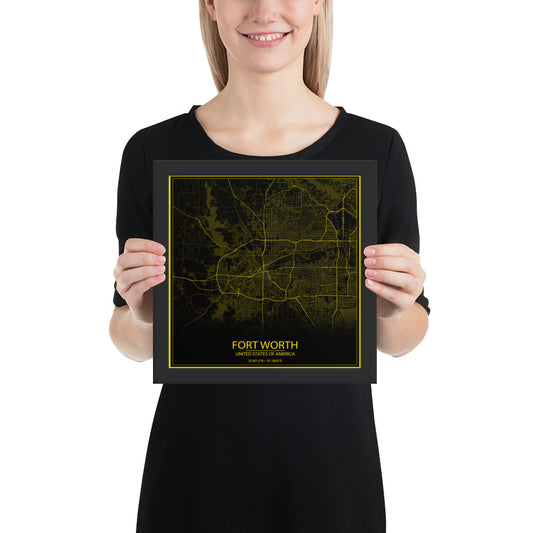 Fort Worth Black and Yellow Framed Map