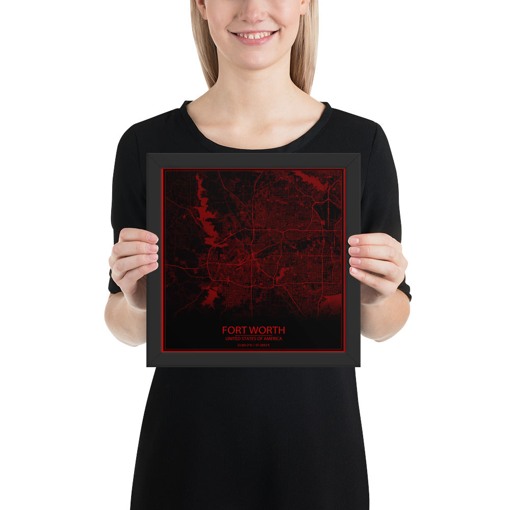 Fort Worth Black and Red Framed Map